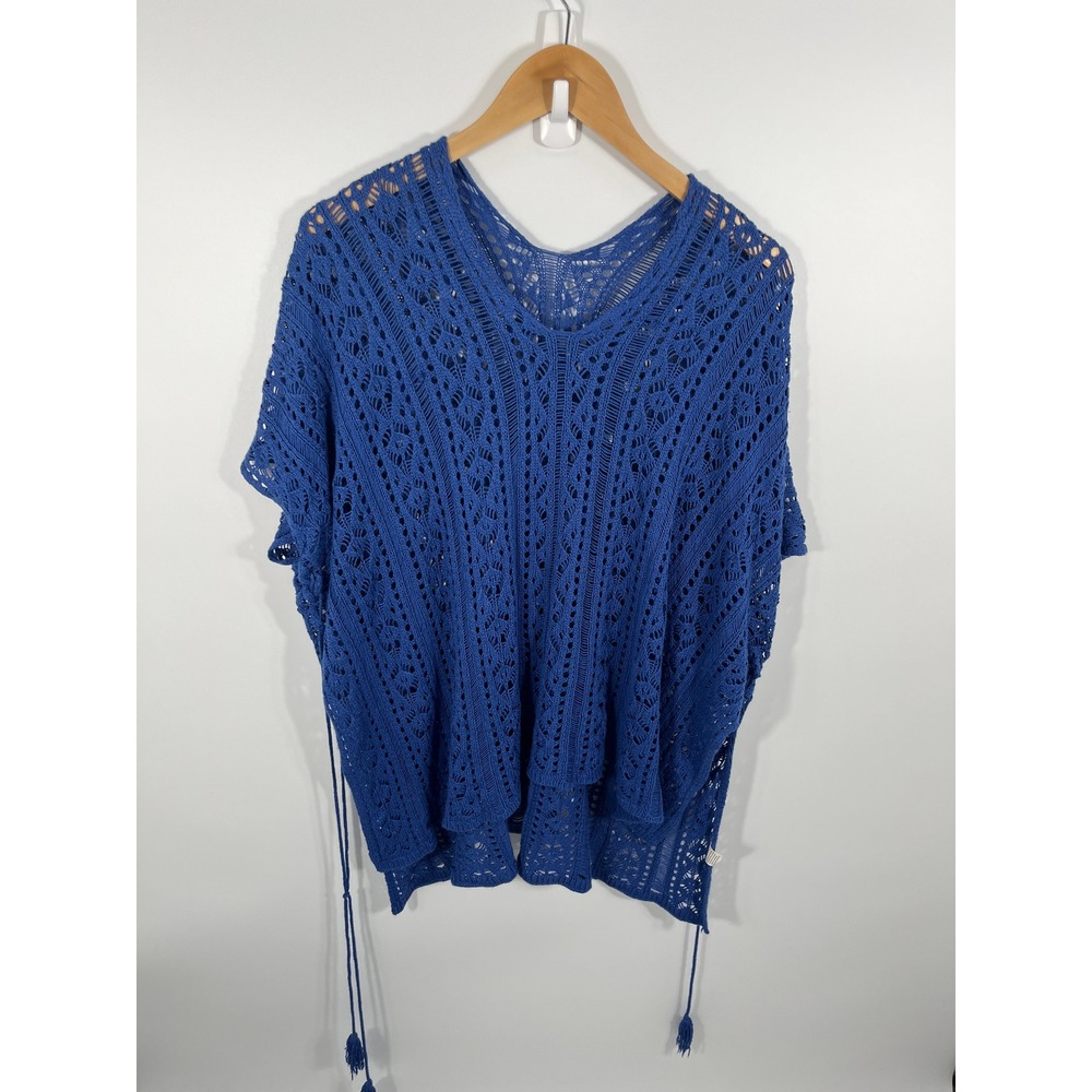 Womens Crochet Poncho M Blue‎ Boho Chic Beach Cover Up Resort Euro Summer